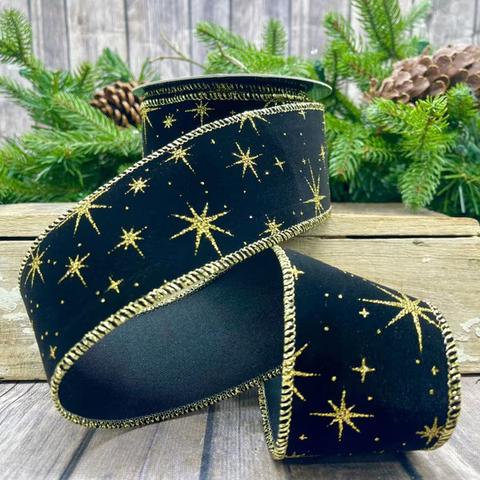 2.5”x10YD Velvet Black with Gold Star Ribbon