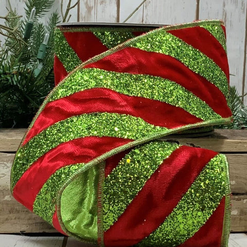 4”x10YD Velvet Glitter Diagonal Stripe Ribbon