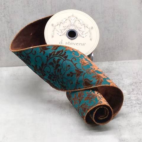 4” x 10yds burn out velvet brown acanthus, dark teal 18-4351