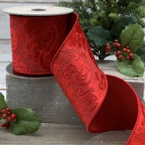 4”x10Yd Devore Acanthus Red Ribbon