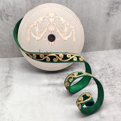 1”x10YD Emerald Velvet Gold Scroll Ribbon