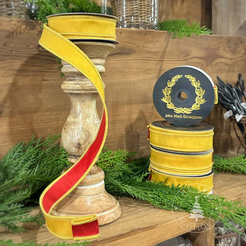1" Mustard with Red Backed Wired Edge Ribbon, shoptreeboutique.com
