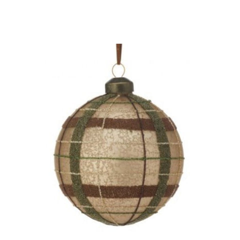 4" Glass Matte Plaid Ball Ornament - Beige, shoptreeboutique.com