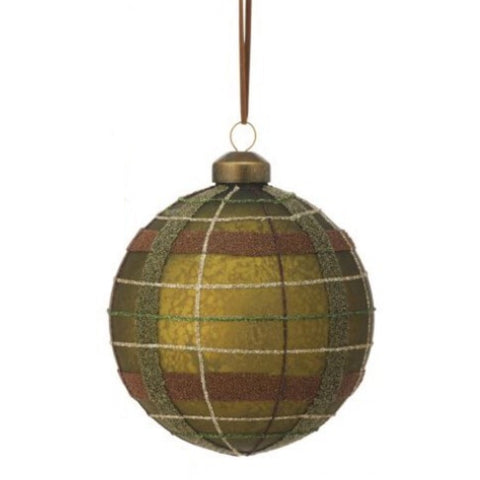 4" Glass Matte Plaid Ball Ornament - Beige, shoptreeboutique.com