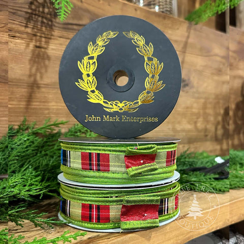1" Red & Green Stripe Metallid Dupion with Metallic Piping, shoptreeboutique.com