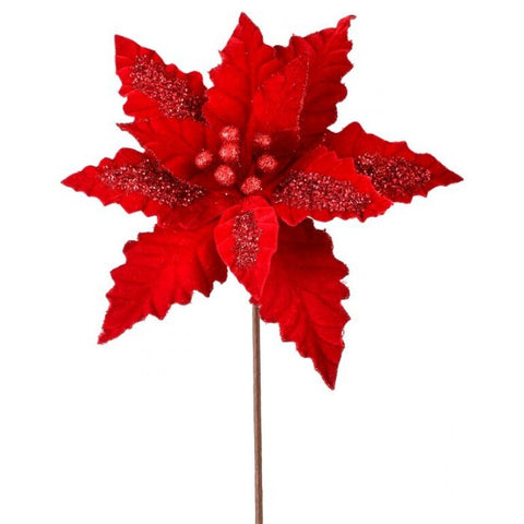 24" Velvet Sequin Stripe Poinsettia Stem